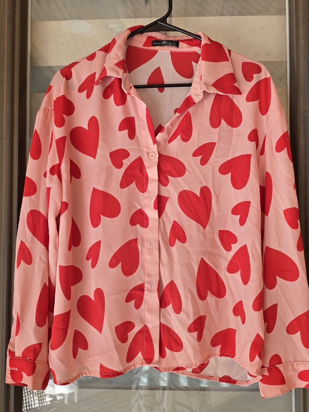 Women's Pink Button-Up Blouse with Red Heart Print